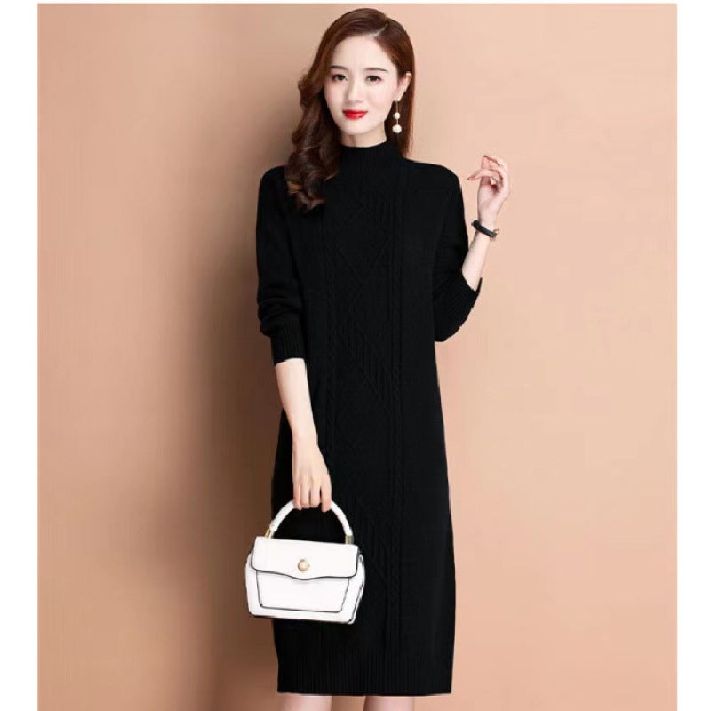 Sweater Womens Wool Sweater Winter Sweater Dress Loose plus size dress Warm Twist Base Shirt Black - Image 1
