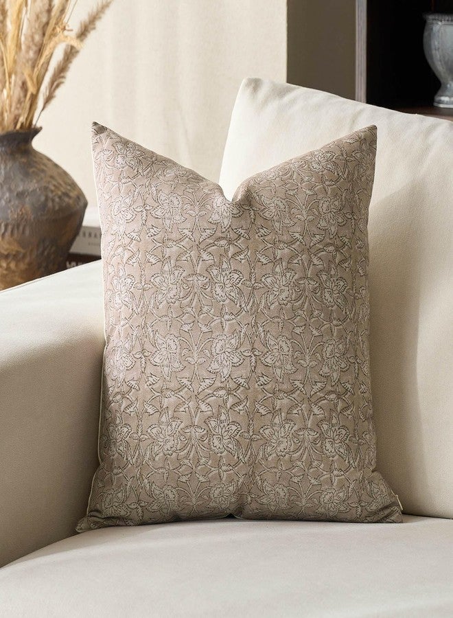 DOMVITUS Floral Pillow Covers 18x18 Throw Pillow Covers Block Print Vintage Decorative Neutral Pillow Cover for Couch Bed Living Room Light Camel 1PC - Image 1