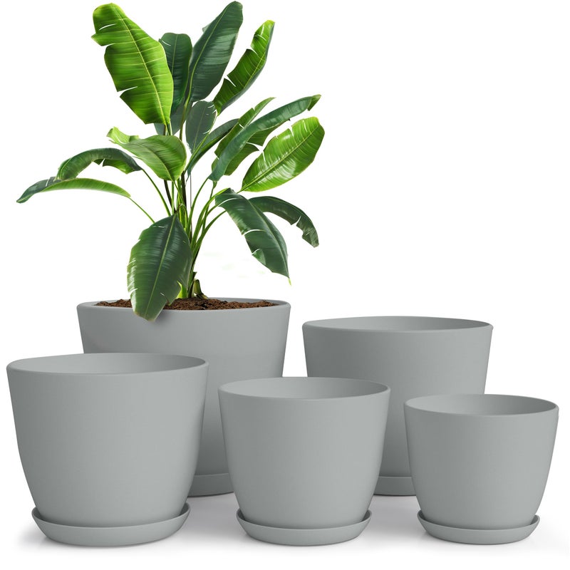 Utopia Home - Plant Pots Indoor with Drainage - 7/6.6/6/5.3/4.8 Inches Flower Pots for Indoor Planter - 5 Pack Plastic Planters - Ideal for Stocking Stuffers or Home Christmas Decorations - Gray - Image 1