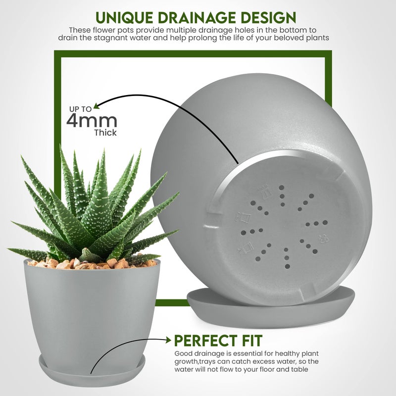 Utopia Home - Plant Pots Indoor with Drainage - 7/6.6/6/5.3/4.8 Inches Flower Pots for Indoor Planter - 5 Pack Plastic Planters - Ideal for Stocking Stuffers or Home Christmas Decorations - Gray - Image 3