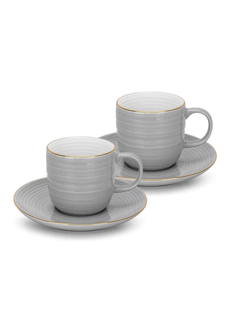 Fissman 2-Piece Tea Cups with Saucer 180mL , Porcelain Firmina Series, Glossy-Finish New Bone China with Elegant Golden Rims And Non-Slip Bottom (Gray)  - Image 1