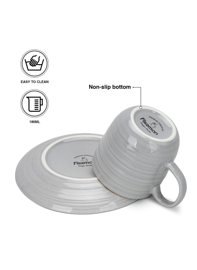 Fissman 2-Piece Tea Cups with Saucer 180mL , Porcelain Firmina Series, Glossy-Finish New Bone China with Elegant Golden Rims And Non-Slip Bottom (Gray)  - Image 2