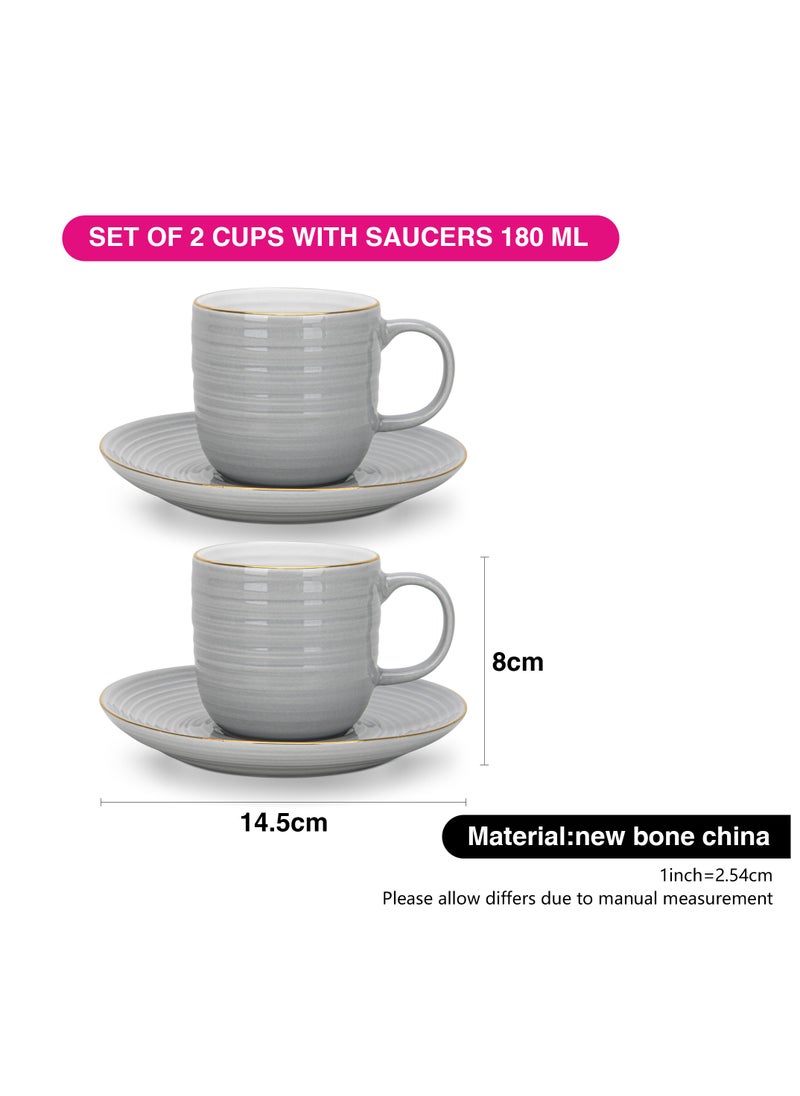 Fissman 2-Piece Tea Cups with Saucer 180mL , Porcelain Firmina Series, Glossy-Finish New Bone China with Elegant Golden Rims And Non-Slip Bottom (Gray)  - Image 3