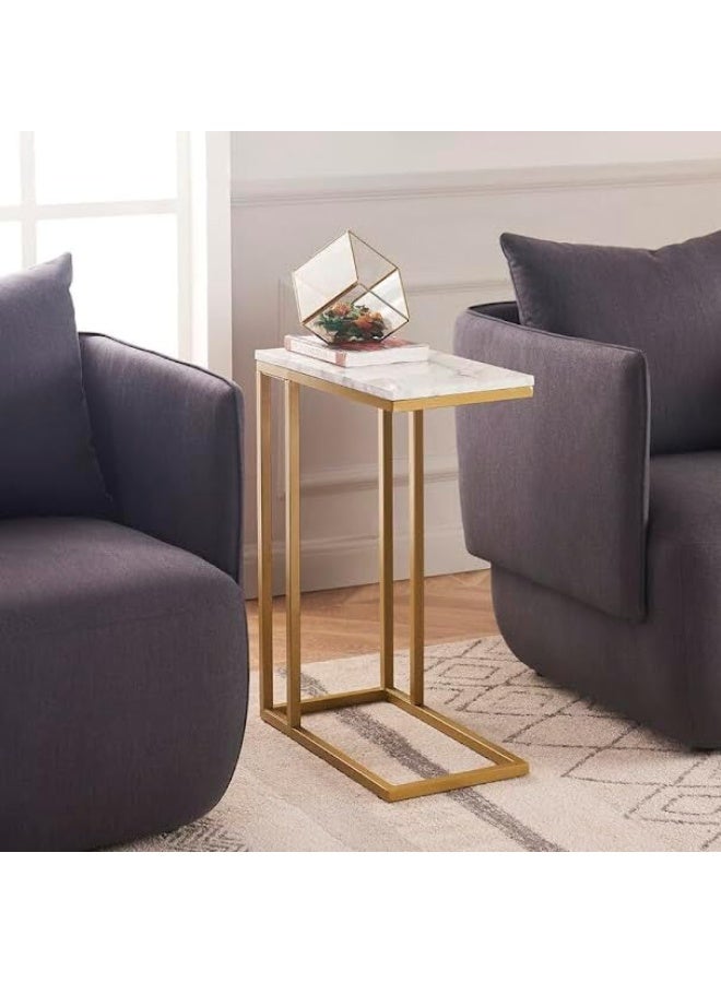 طاولة جانبية ذهبية معاصرة بإطار معدني، قاعدة مزلّجة، طاولة نهاية حديثة وخفيفة لغرفة المعيشة والنوم – ذهبي/أبيض - Image 4