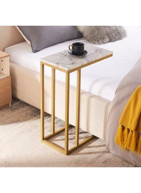 Contemporary Gold Side Table with Metal Frame, Sled Base, Lightweight Modern End Table for Living Room & Bedroom – Gold/White