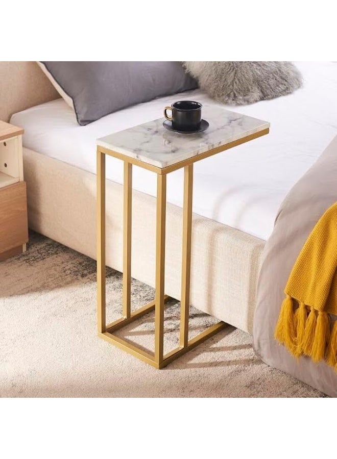 طاولة جانبية ذهبية معاصرة بإطار معدني، قاعدة مزلّجة، طاولة نهاية حديثة وخفيفة لغرفة المعيشة والنوم – ذهبي/أبيض - Image 1