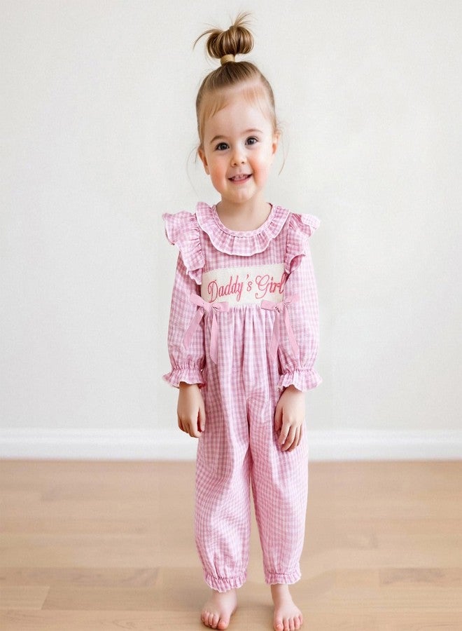 GOOCHEER Newborn Baby Girl Fall Outfit Little Sis I M New Here Smocked Romper Plaid Bow Ruffle Long Sleeve Jumpsuit Clothes (Daddys Girl, 0-3 Months) - Image 2