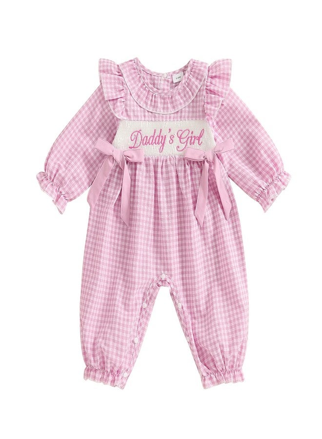 GOOCHEER Newborn Baby Girl Fall Outfit Little Sis I M New Here Smocked Romper Plaid Bow Ruffle Long Sleeve Jumpsuit Clothes (Daddys Girl, 0-3 Months) - Image 1