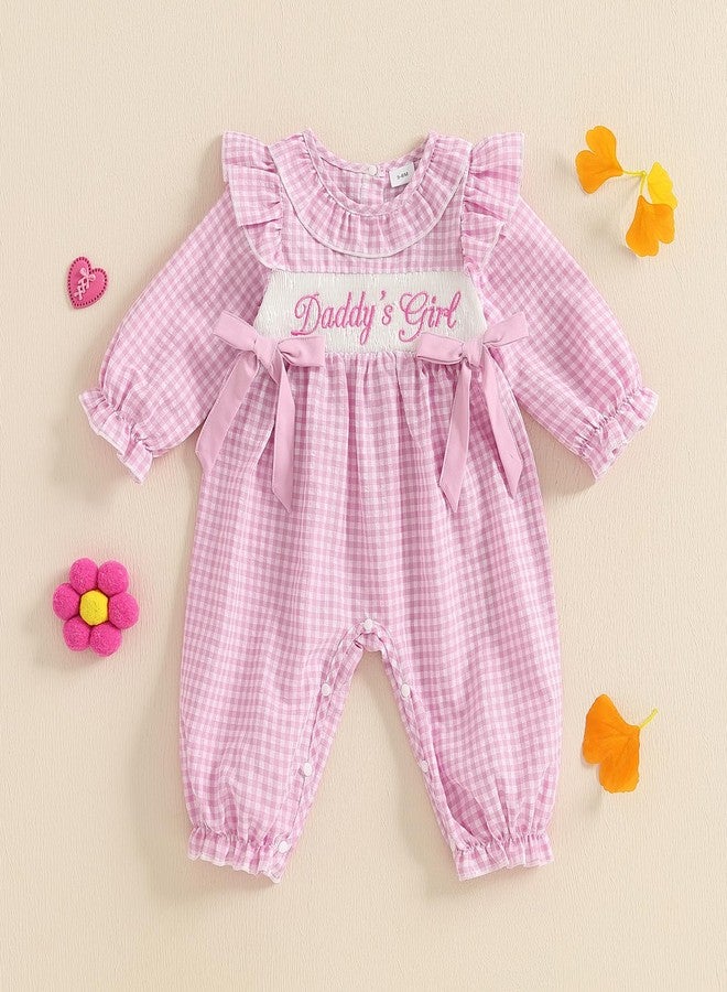 GOOCHEER Newborn Baby Girl Fall Outfit Little Sis I M New Here Smocked Romper Plaid Bow Ruffle Long Sleeve Jumpsuit Clothes (Daddys Girl, 0-3 Months) - Image 3
