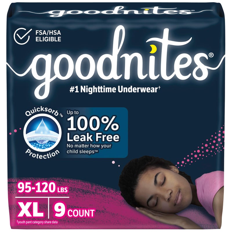 Goodnites Girls' Nighttime Bedwetting Underwear, Size Extra Large (95-120 lbs), 9 Ct, Packaging May Vary - Image 1