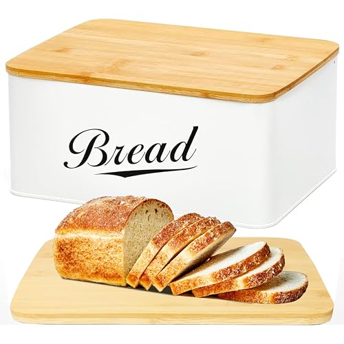 RoyalHouse Modern Metal Bread Box with Bamboo Cutting Board Lid, Bread Storage Container for Kitchen Counter, Vintage Kitchen Decor Organizer - Image 1