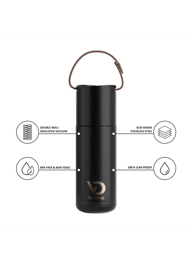 VoiDrop - Insulated Thermo Bottle 350 ML Bottle Thermos Cup  Portable Thermos Cup with Silicon Strap Travel Water Bottle Stainless Steel Kids Cups Stainless Steel Toddler cups CHARCOAL BLACK 12oz - Image 1