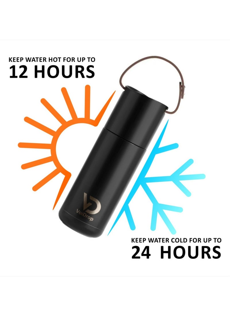 VoiDrop - Insulated Thermo Bottle 350 ML Bottle Thermos Cup  Portable Thermos Cup with Silicon Strap Travel Water Bottle Stainless Steel Kids Cups Stainless Steel Toddler cups CHARCOAL BLACK 12oz - Image 1