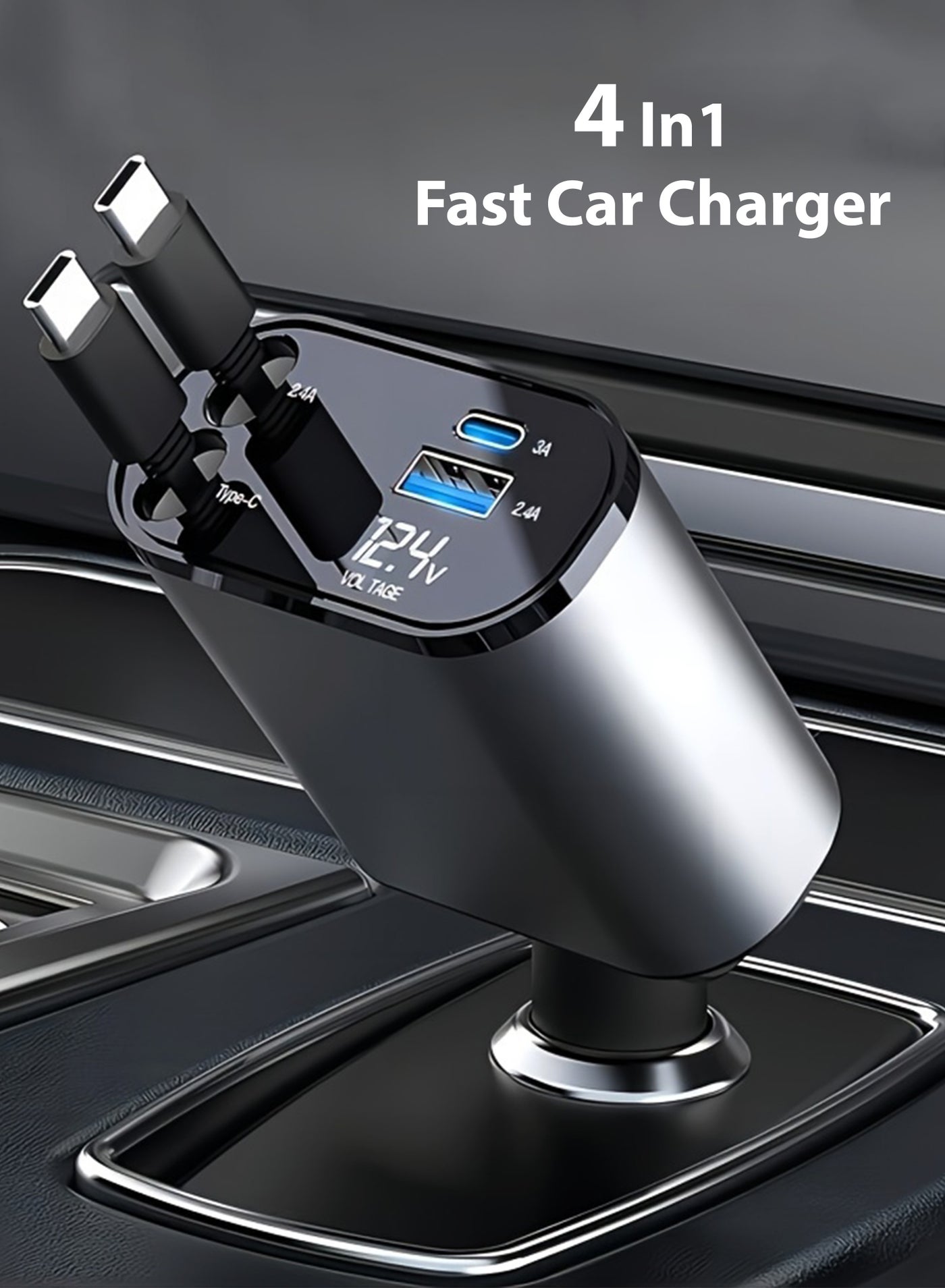 Retractable Car Charger - Fast Charging 4-in-1 Adapter with Charging Cable Type C, Dual USB Ports & Voltage Display - Compatible with iPhone, iPad, Galaxy - 60W Power Output