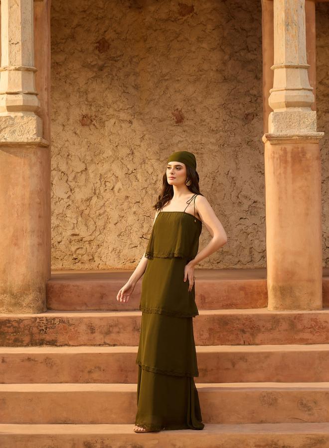 SASSAFRAS Olive Strappy Layered Detail Maxi Dress - Image 3
