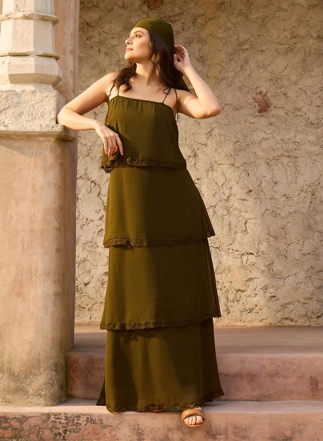 SASSAFRAS Olive Strappy Layered Detail Maxi Dress - Image 1