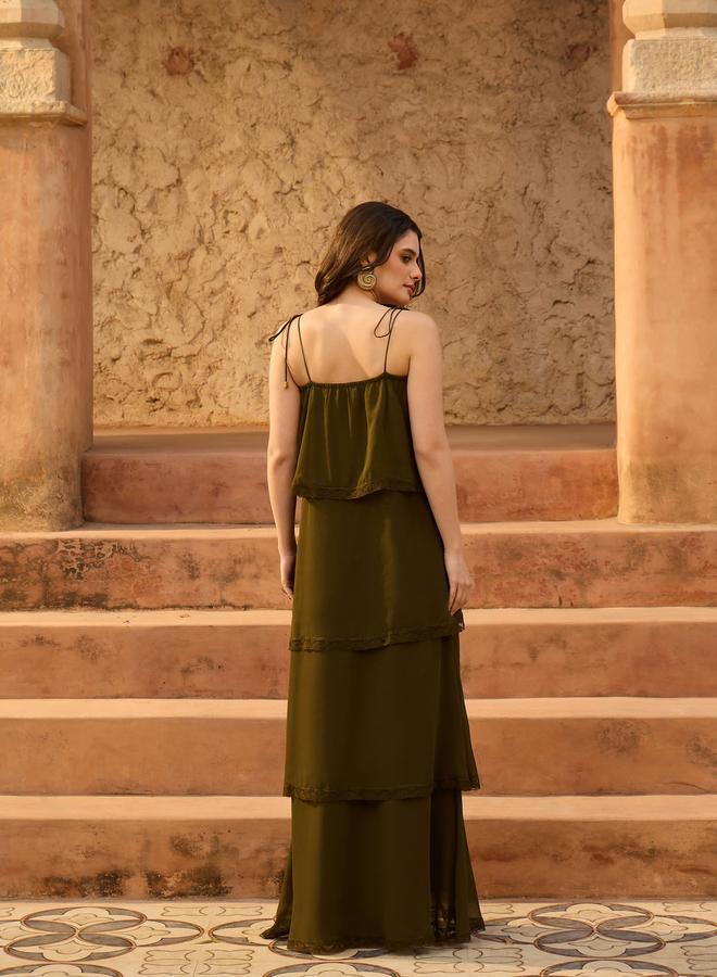 SASSAFRAS Olive Strappy Layered Detail Maxi Dress - Image 5