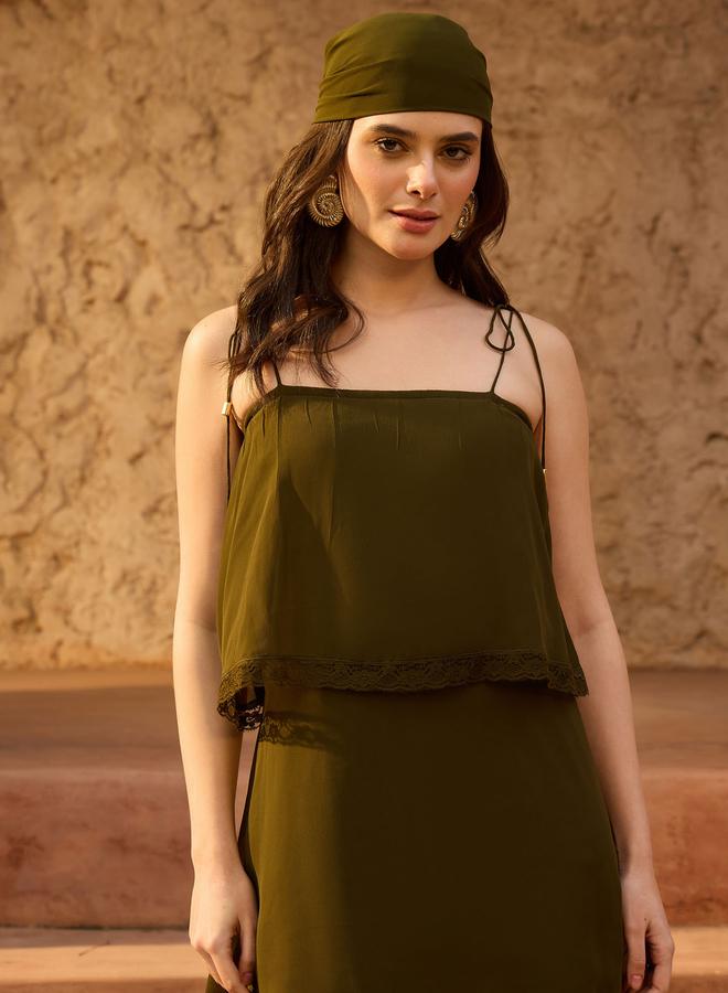 SASSAFRAS Olive Strappy Layered Detail Maxi Dress - Image 4