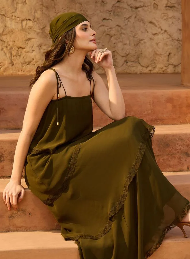SASSAFRAS Olive Strappy Layered Detail Maxi Dress