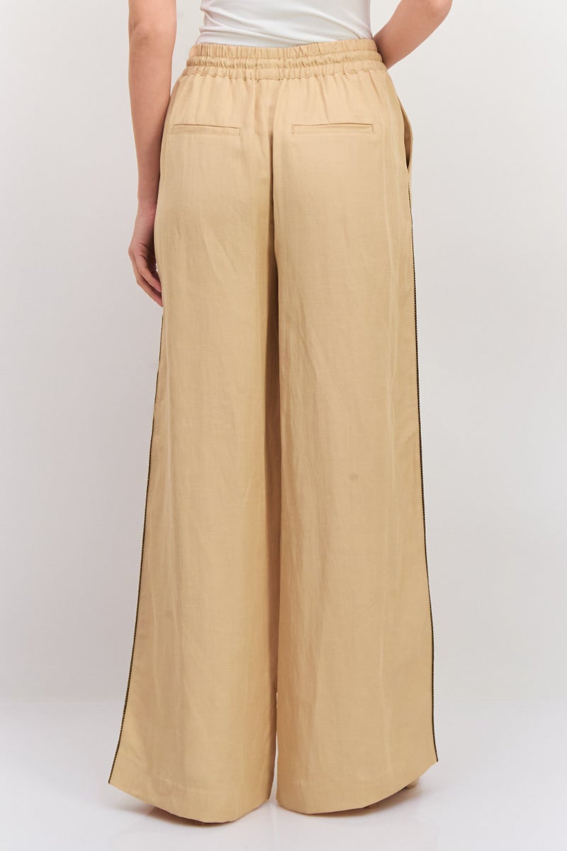 Scotch & Soda Women Regular Fit Plain Wide Leg Pants, Beige - Image 3