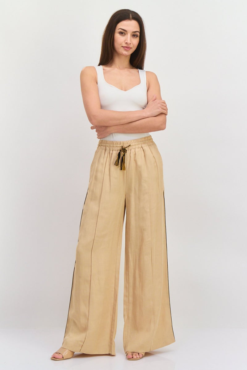 Scotch & Soda Women Regular Fit Plain Wide Leg Pants, Beige - Image 4