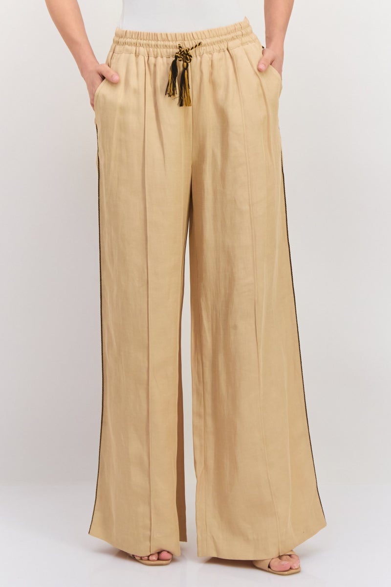 Scotch & Soda Women Regular Fit Plain Wide Leg Pants, Beige - Image 1