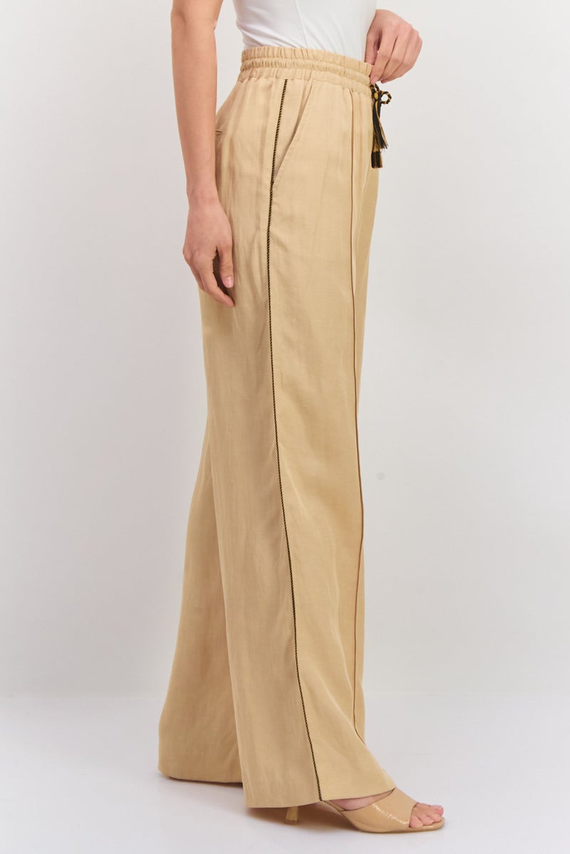 Scotch & Soda Women Regular Fit Plain Wide Leg Pants, Beige - Image 2