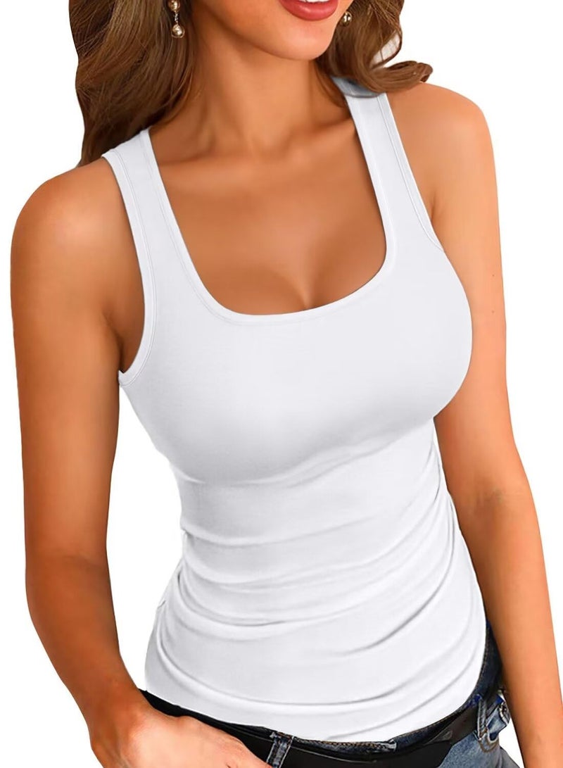 VICHYIE Womens Summer Tank Tops Square Neck Sleeveless Low Cut Sexy Shirts Ribbed Tanks Slim Fitted Casual Basic Tee Shirt White M - Image 1