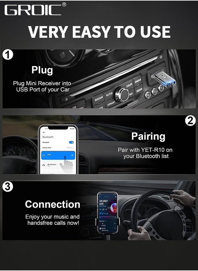 GROIC - Bluetooth V5.3 Car Adapter, Wireless Bluetooth Car Audio Adapter, USB Input, Mini Portable Bluetooth Music Receiver for Car, Headphones, Home Stereo Hi Res Music Streaming, No Charging Needed - Image 1