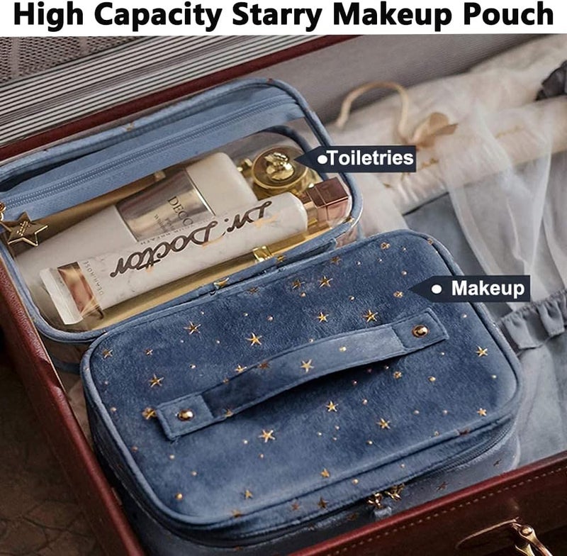 comfrt Large Capacity Velvet Cosmetic Bag, Star Embroidery Cosmetic Storage Case, with Handle Makeup Brush Holder Double Layer Bag Large (B-Blue) - Image 2