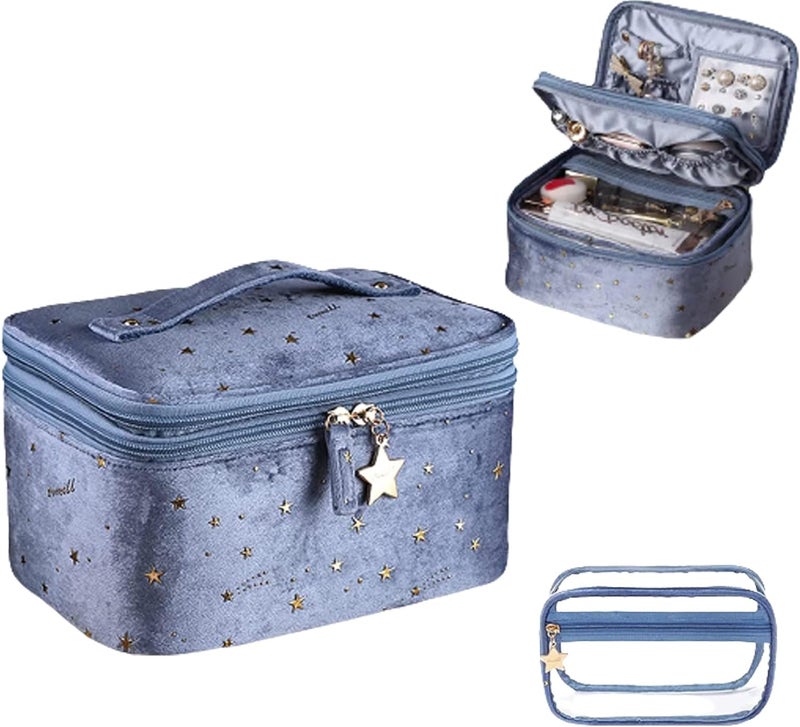 comfrt Large Capacity Velvet Cosmetic Bag, Star Embroidery Cosmetic Storage Case, with Handle Makeup Brush Holder Double Layer Bag Large (B-Blue) - Image 1