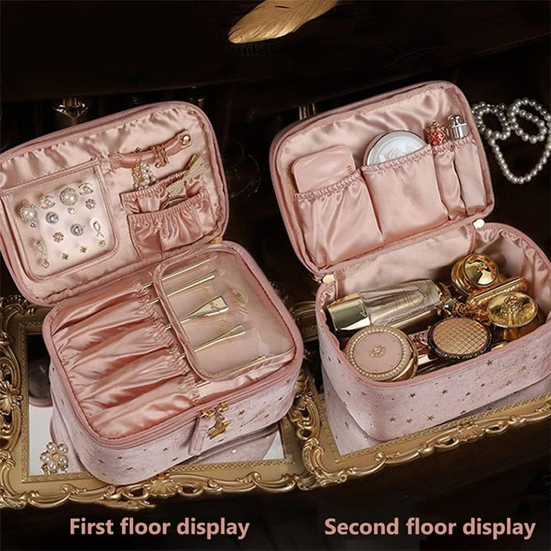 comfrt Large Capacity Velvet Cosmetic Bag, Star Embroidery Cosmetic Storage Case, with Handle Makeup Brush Holder Double Layer Bag Large (B-Blue) - Image 5