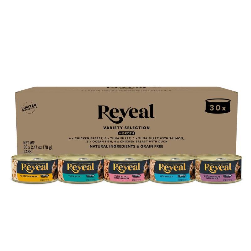 Reveal Natural Wet Cat Food, 30 Count, Grain Free, Limited Ingredient Canned Food for Cats, Fish and Chicken Variety in Broth, 2.47 oz Cans - Image 1