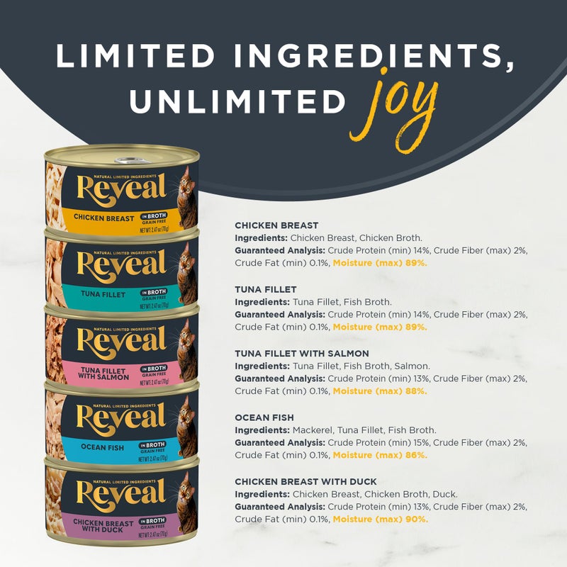 Reveal Natural Wet Cat Food, 30 Count, Grain Free, Limited Ingredient Canned Food for Cats, Fish and Chicken Variety in Broth, 2.47 oz Cans - Image 3