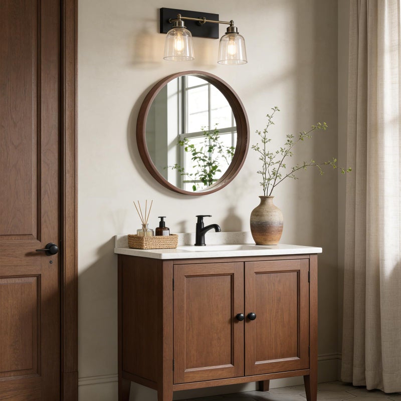 WallBeyond 28 Inch Round Wood Mirror, Large Circle Wooden Frame Wall Mirror for Bathroom, Living Room, Bedroom, Entryway (Walnut) - Image 2