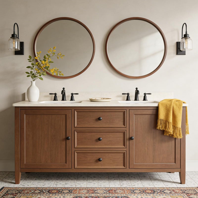 WallBeyond 28 Inch Round Wood Mirror, Large Circle Wooden Frame Wall Mirror for Bathroom, Living Room, Bedroom, Entryway (Walnut) - Image 4