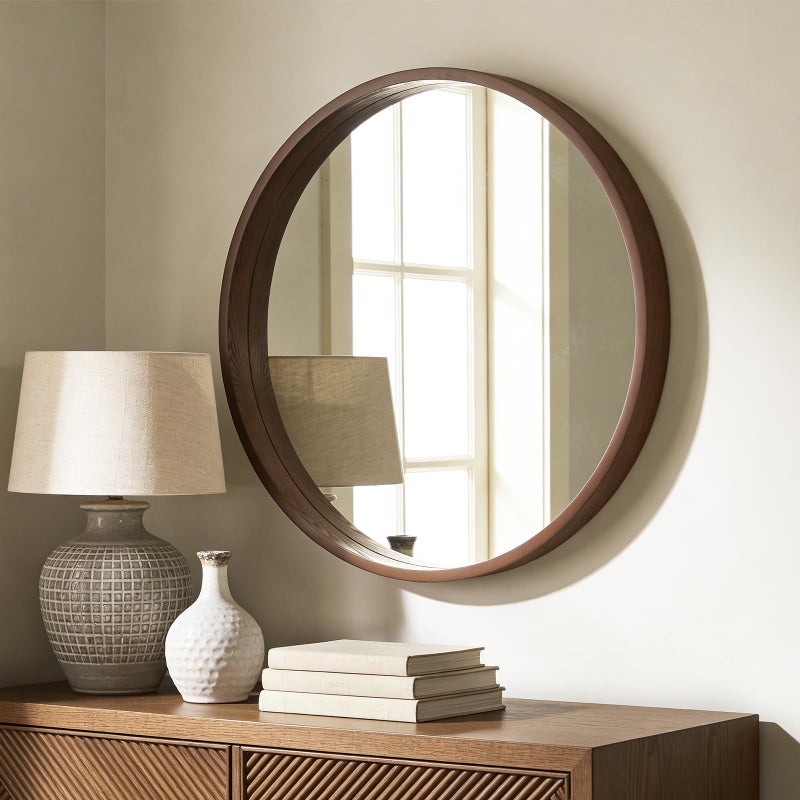 WallBeyond 28 Inch Round Wood Mirror, Large Circle Wooden Frame Wall Mirror for Bathroom, Living Room, Bedroom, Entryway (Walnut) - Image 3