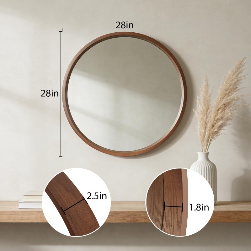 WallBeyond 28 Inch Round Wood Mirror, Large Circle Wooden Frame Wall Mirror for Bathroom, Living Room, Bedroom, Entryway (Walnut) - Image 5