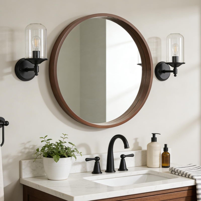 WallBeyond 28 Inch Round Wood Mirror, Large Circle Wooden Frame Wall Mirror for Bathroom, Living Room, Bedroom, Entryway (Walnut) - Image 1