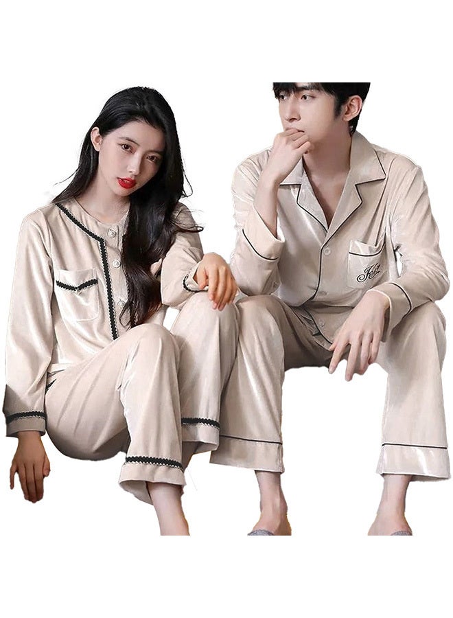 MARGOUN 2 Pack Couple Velour Pajamas Set Long Sleeve Leisure Suit Home Clothes Soft Sleepwear Nightclothes Beige - Image 2