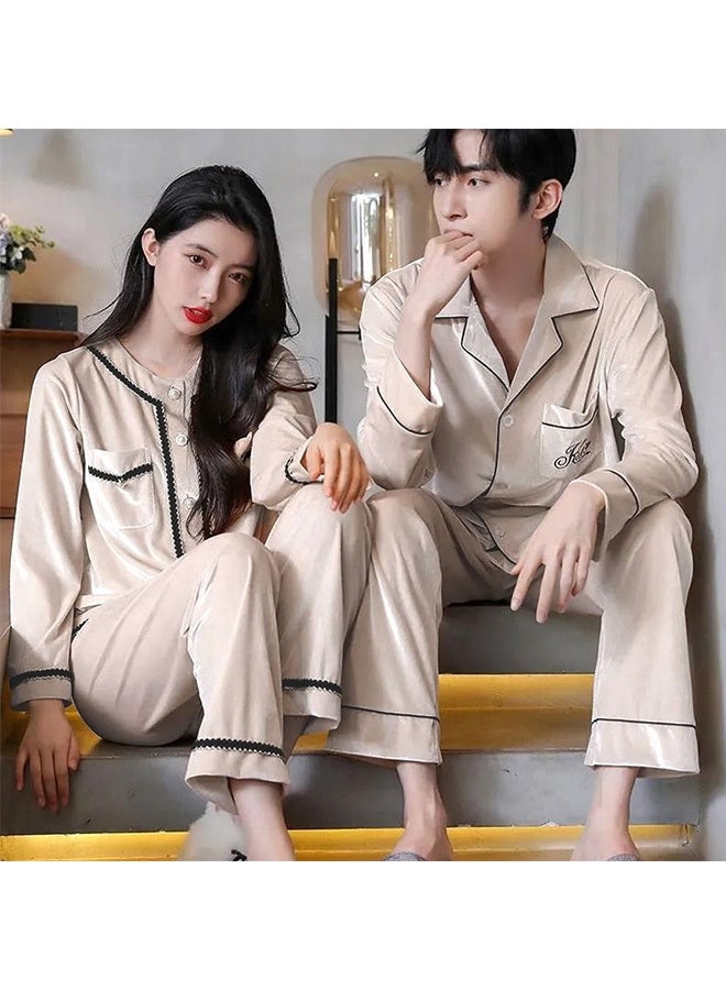 MARGOUN 2 Pack Couple Velour Pajamas Set Long Sleeve Leisure Suit Home Clothes Soft Sleepwear Nightclothes Beige - Image 1