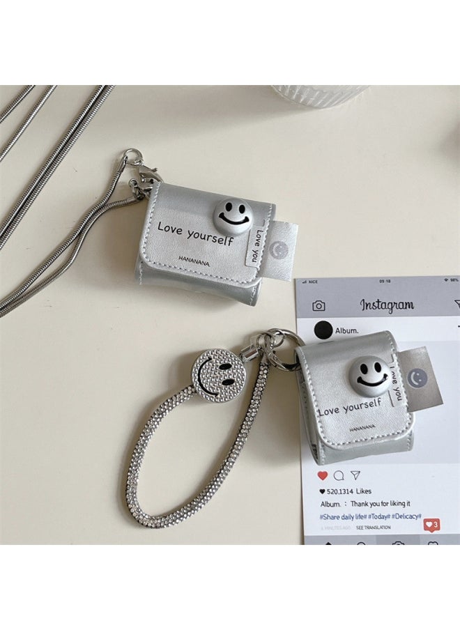 Generic - Light Luxury Silver Smiley Face For Airpods Pro2 For Apple Bluetooth Headset Protection Leather Case Personality 2/3/4 Generation Shell-color:Silver Three-dimensional Smiley Leather Case + Hanging Chain-Applicable Models:airpods 1/2 Generation - Image 1