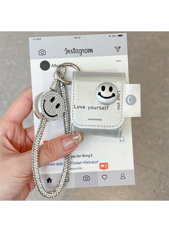 Generic - Light Luxury Silver Smiley Face For Airpods Pro2 For Apple Bluetooth Headset Protection Leather Case Personality 2/3/4 Generation Shell-color:Silver Three-dimensional Smiley Leather Case + Hanging Chain-Applicable Models:airpods 1/2 Generation - Image 1