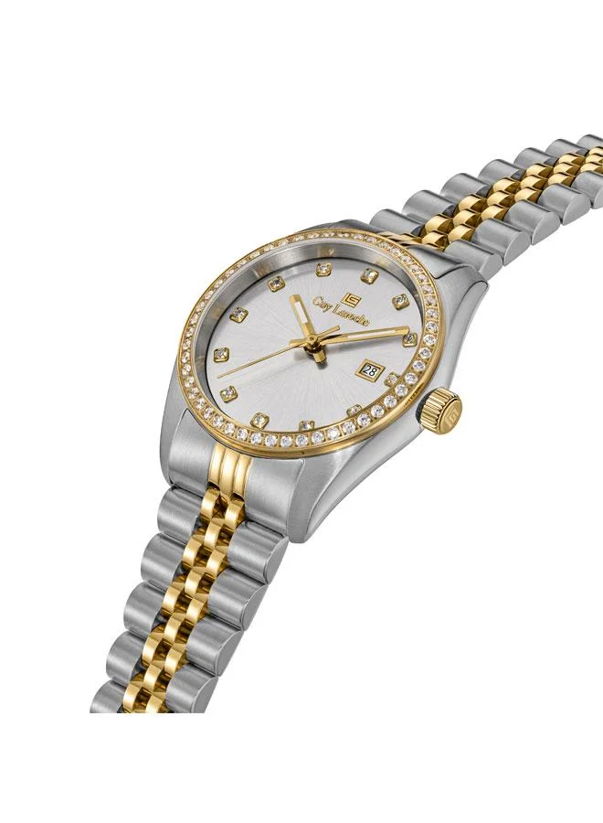 غاي لاروش ساعة روزالي فضية بقرص أبيض وسوار معدني فضي ذهبي بعقارب للنساء  مم