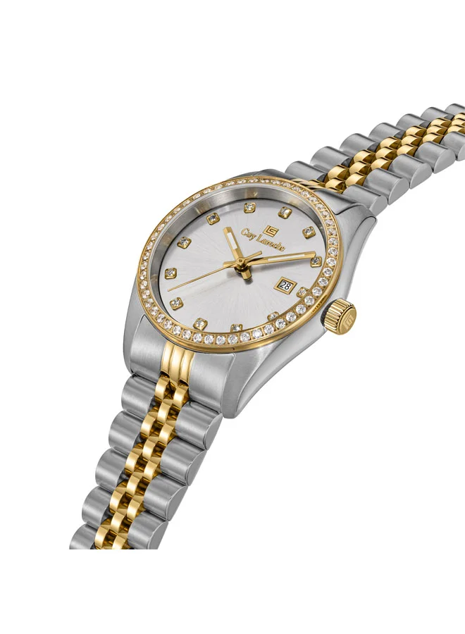 غاي لاروش ساعة روزالي فضية بقرص أبيض وسوار معدني فضي ذهبي بعقارب للنساء  مم