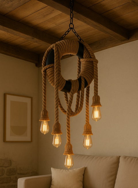Rustic rope hanger in the shape of a tank frame with 6 lights
