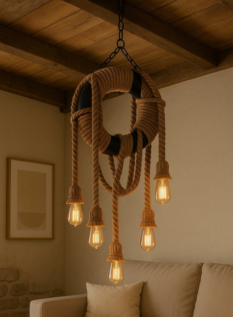 Rustic rope hanger in the shape of a tank frame with 6 lights