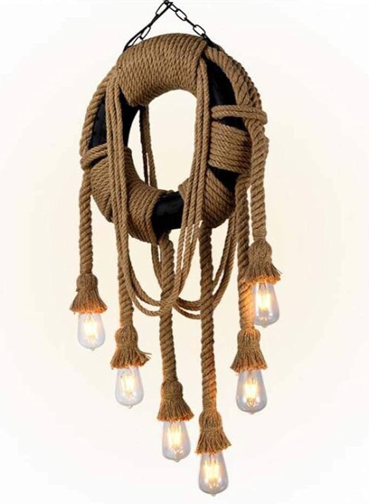 Rustic rope hanger in the shape of a tank frame with 6 lights