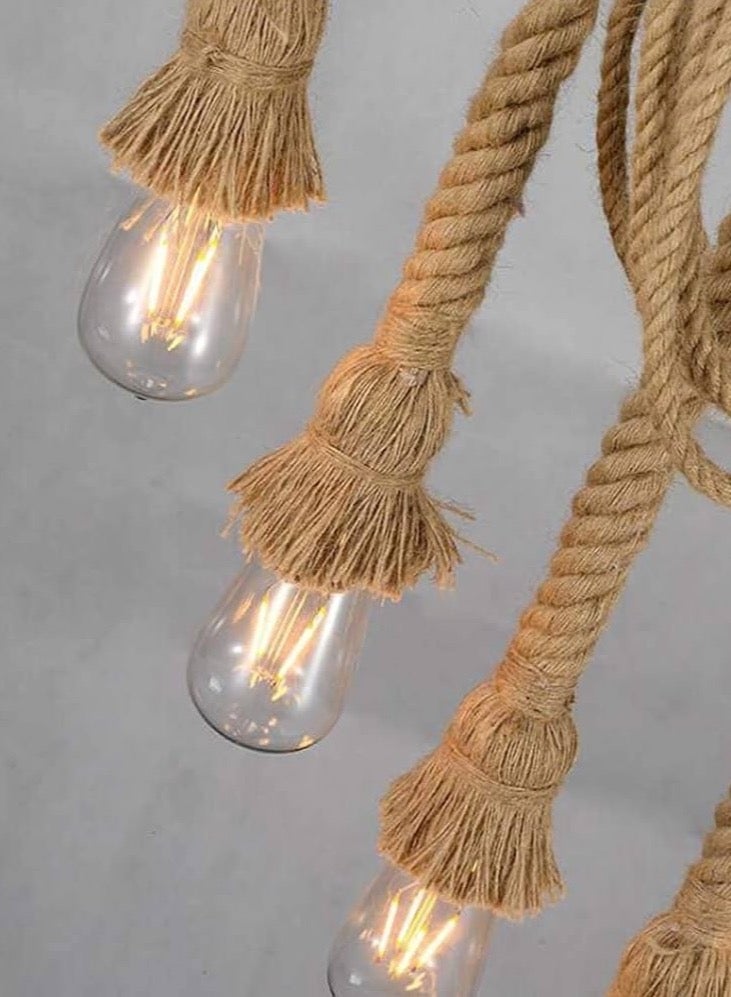 Rustic rope hanger in the shape of a tank frame with 6 lights