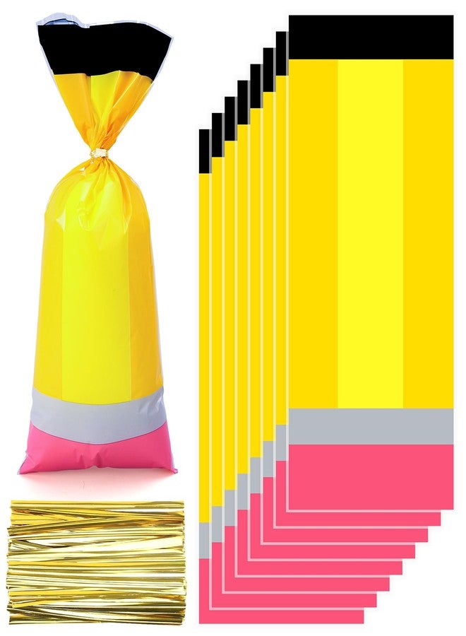 Whaline 100 Pcs Back to School Cellophane Bags with Gold Twist Ties Plastic Candy Goodie Bag Yellow Pencil Shaped Cello Gift Bags for First Day of School Birthday Party Favors - Image 1